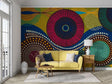 Geometric circle wallpaper in modern living room showing vibrant African-inspired pattern