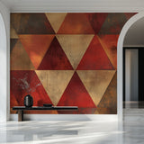 Vintage geometric wallpaper making statement in dining room with wooden furniture