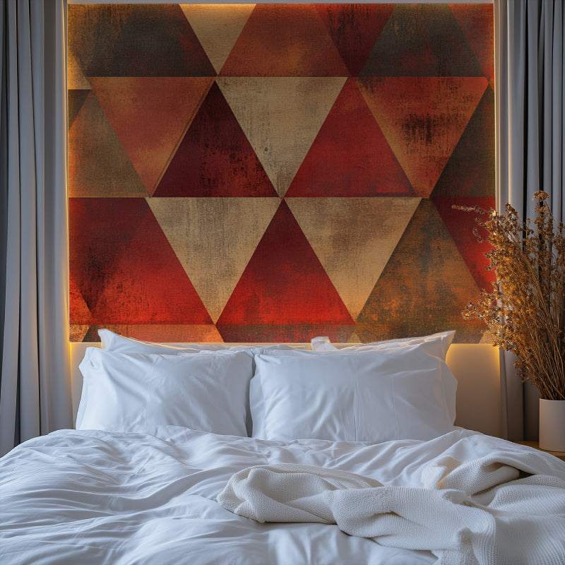 Red and gold geometric pattern wallpaper in home office with minimalist desk setup
