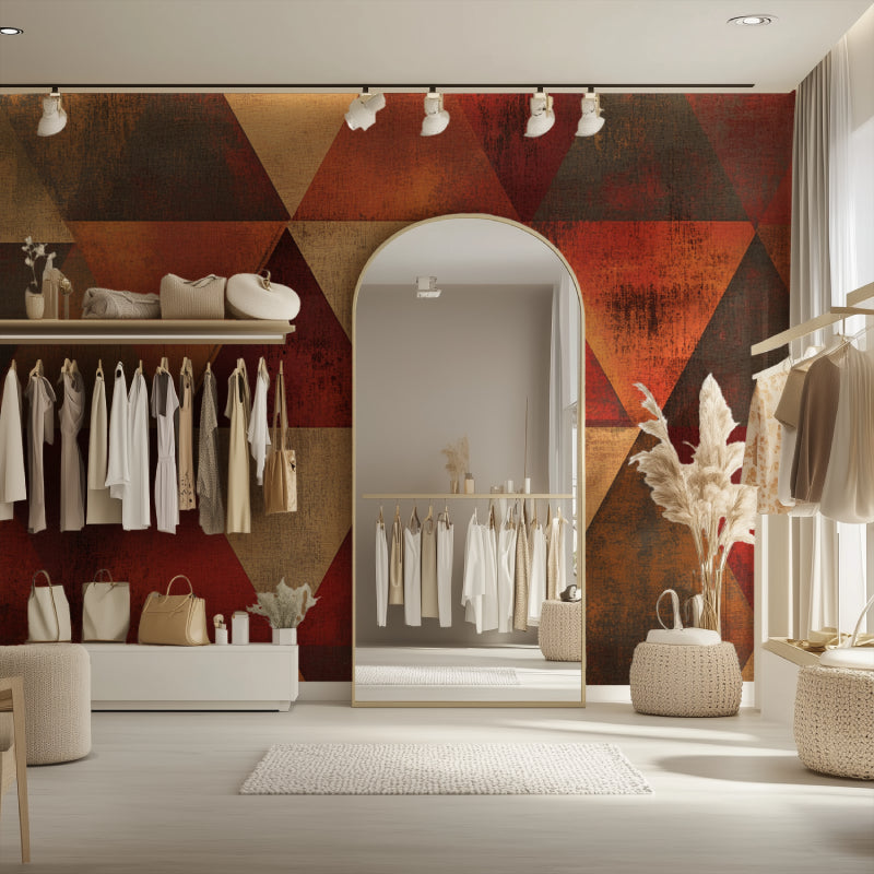 Modern geometric wall mural adding warmth to bedroom with contemporary furnishings