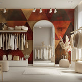 Modern geometric wall mural adding warmth to bedroom with contemporary furnishings