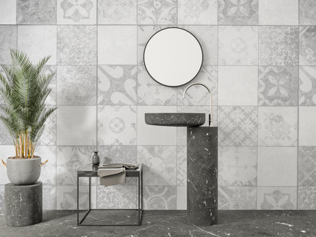 Geometric tile wallpaper in modern dining room with natural light showcasing vintage grey pattern