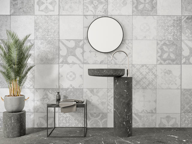 Geometric tile wallpaper in modern dining room with natural light showcasing vintage grey pattern
