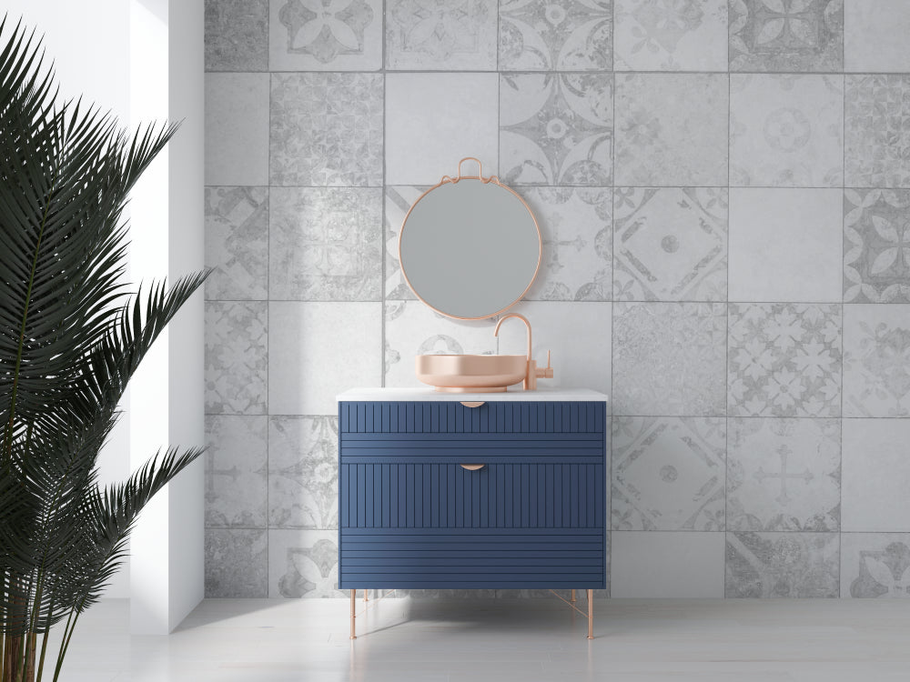 Grey geometric wallpaper creating elegant hallway with vintage tile pattern