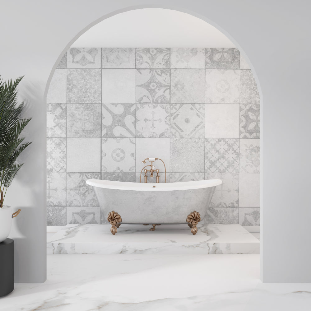 Living room accent wall with vintage geometric pattern in calming grey shades