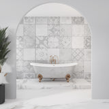 Living room accent wall with vintage geometric pattern in calming grey shades
