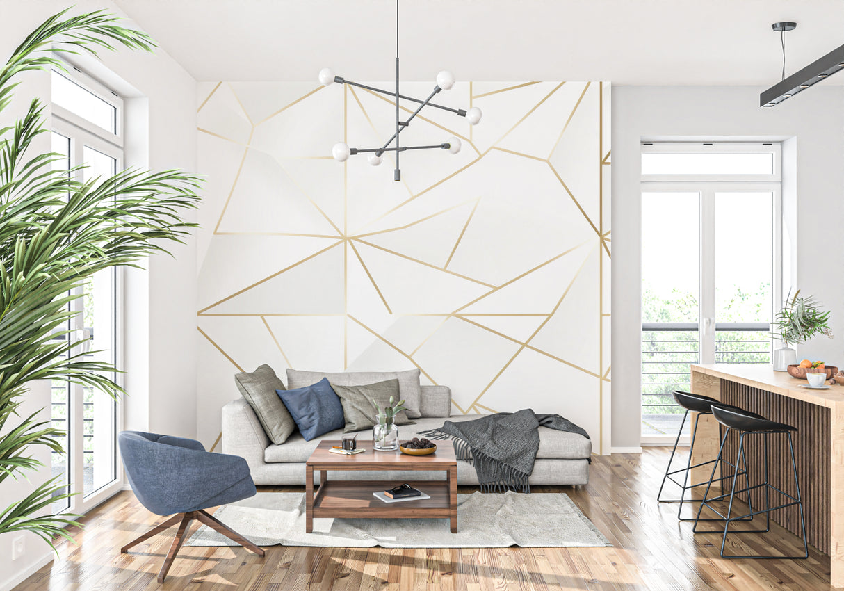 White and gold geometric wallpaper in minimalist dining room creating elegant atmosphere
