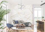 White and gold geometric wallpaper in minimalist dining room creating elegant atmosphere