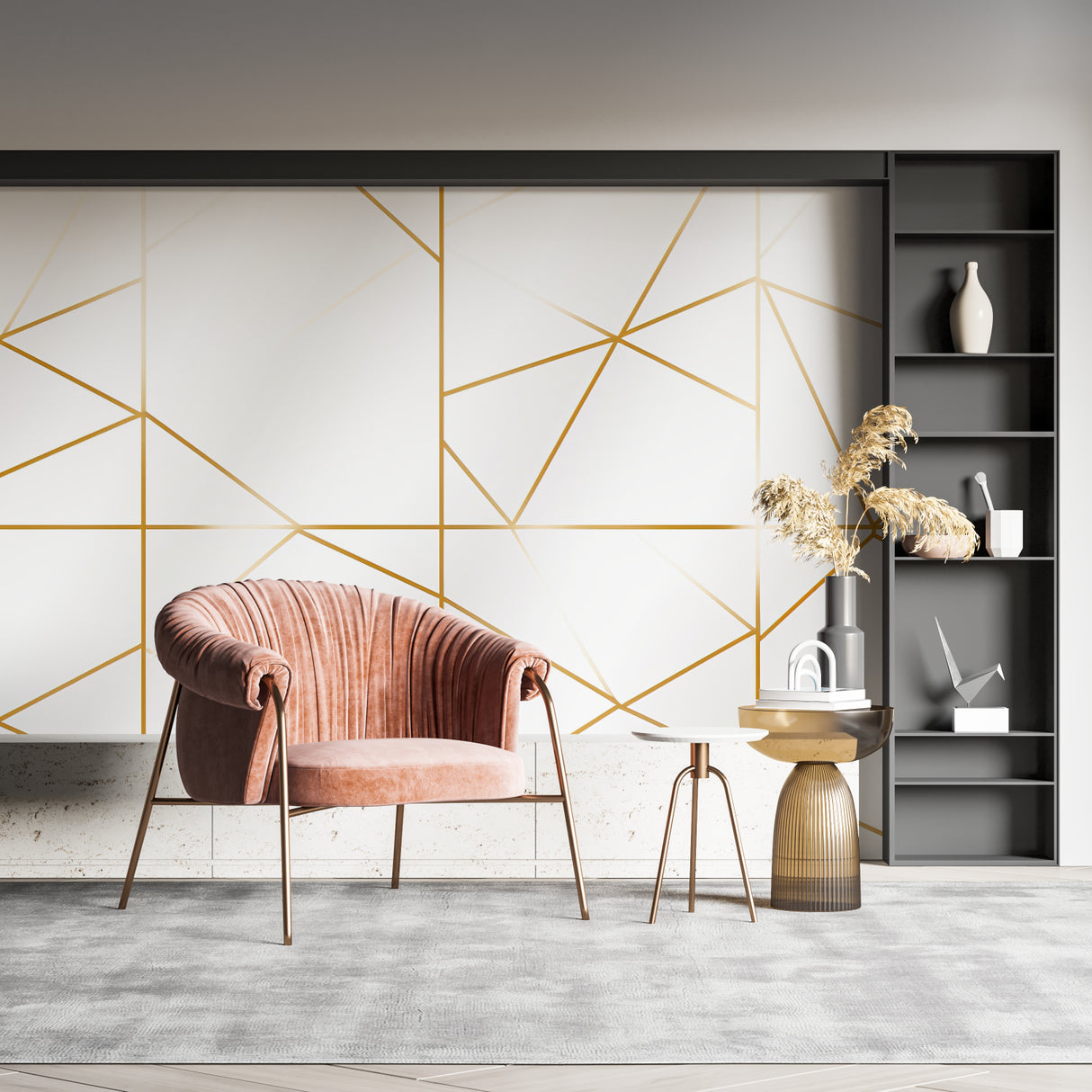 White and gold geometric pattern making a bedroom appear larger and more elegant
