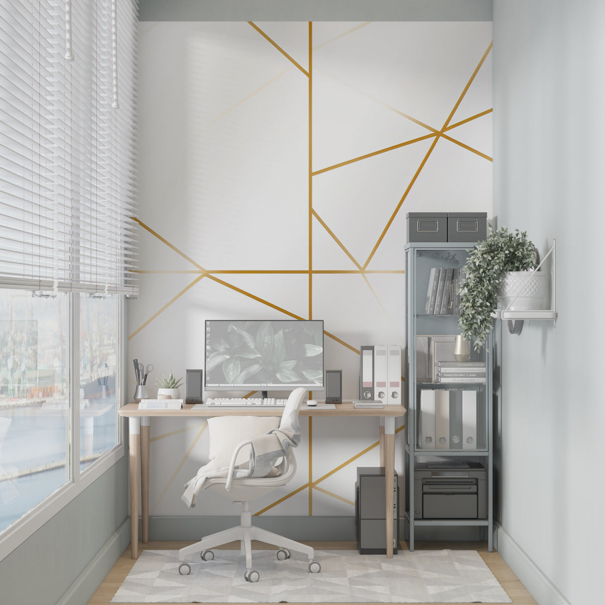 Linear pattern wallpaper adding sophistication to an entryway with evening lighting