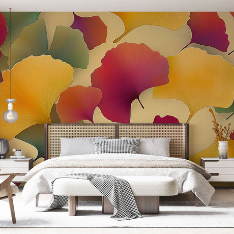 Ginkgo leaf wallpaper in warm autumn colors creating a cozy atmosphere in a modern living room