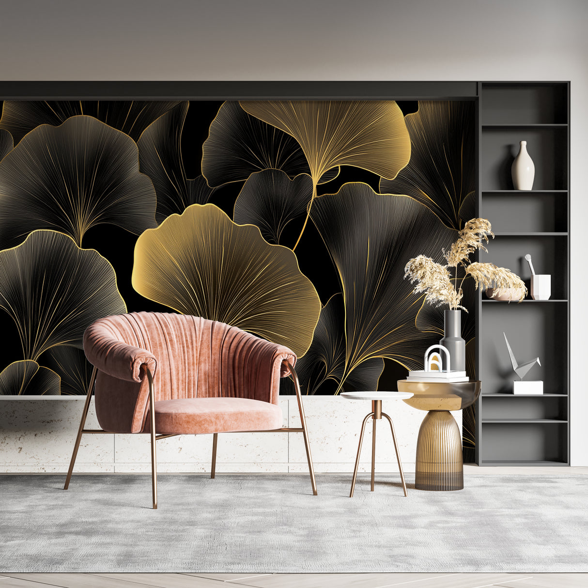 Geometric leaf wallpaper transforming a master bedroom with its elegant black and gold design