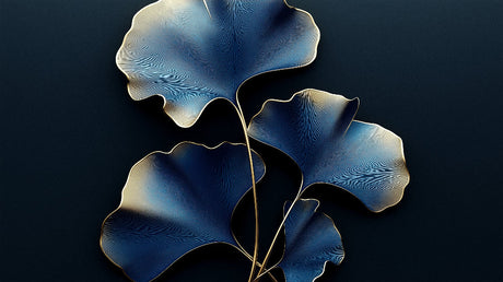 Blue and gold ginkgo leaf pattern design file showing detailed botanical art against deep background