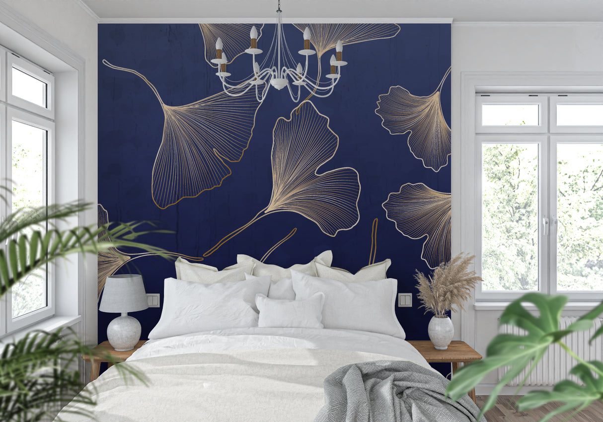 Gold leaf wallpaper accent wall in home office with modern desk setup