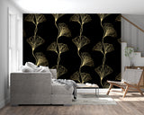 Black and gold botanical wallpaper adding luxury to master bedroom feature wall