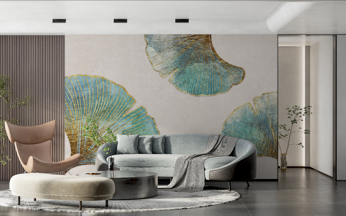 Home office wall decorated with botanical ginkgo leaf pattern in turquoise and gold