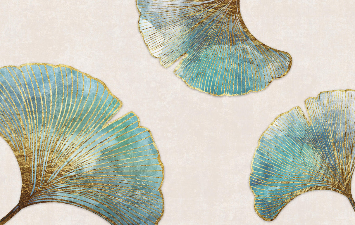 Design file of ginkgo leaf pattern showing detailed turquoise and gold botanical illustration