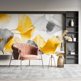 Yellow and grey Ginkgo wallpaper in dining room with wooden furniture
