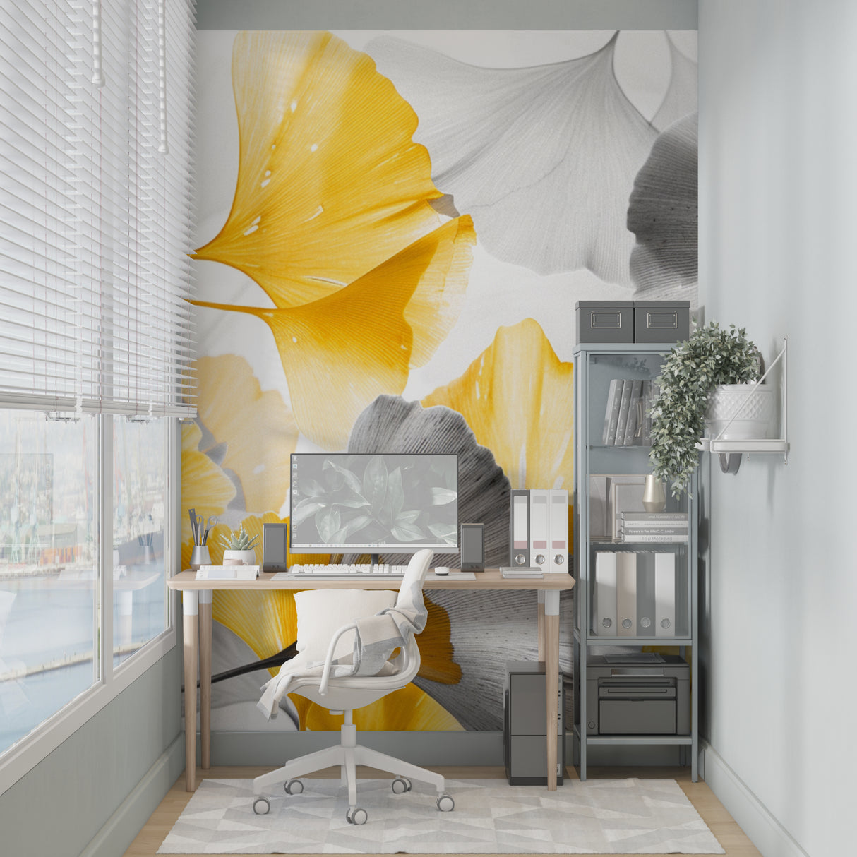 Ginkgo leaf pattern wallpaper in home office with modern desk setup