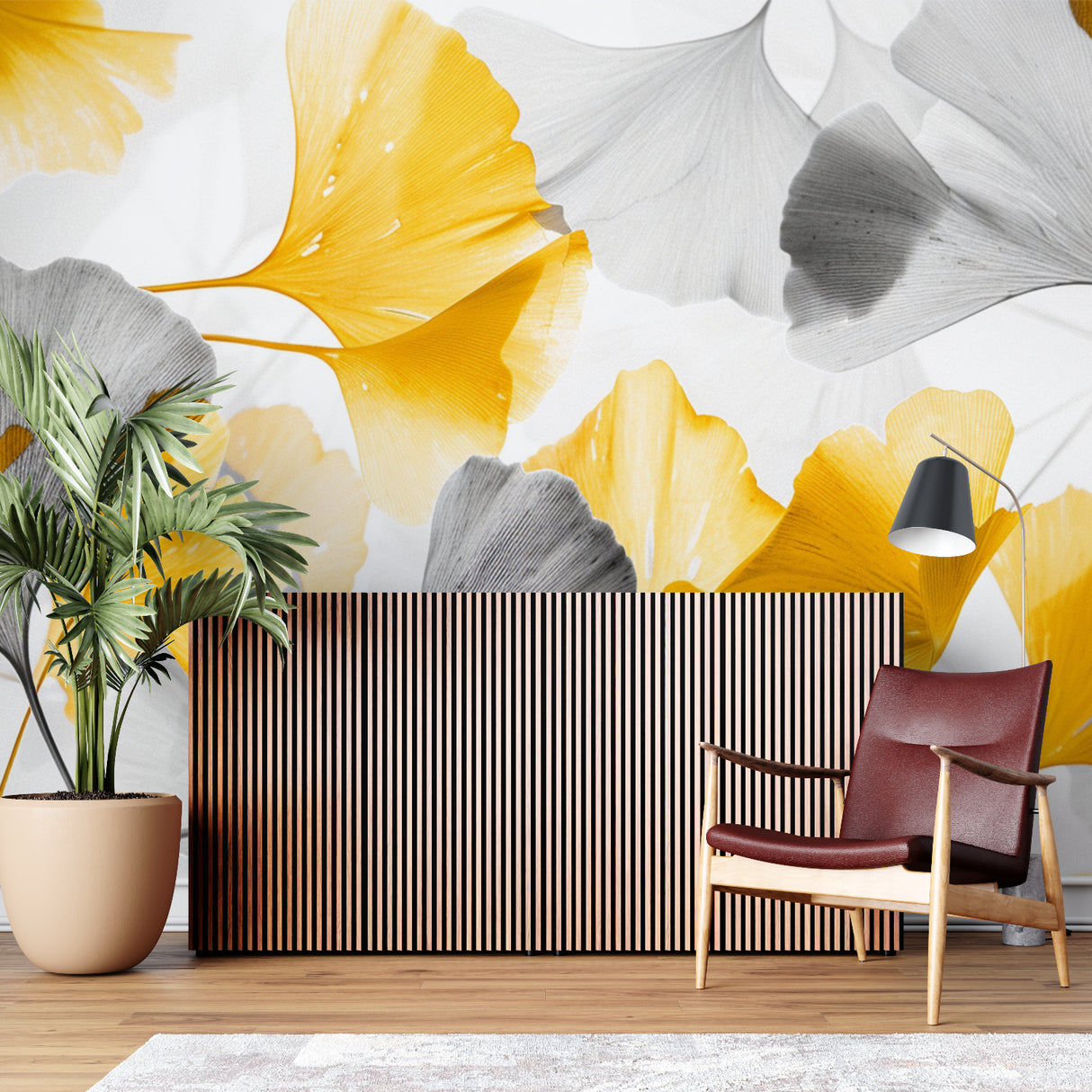 Modern yellow and grey Ginkgo wallpaper in hallway with minimal decor
