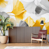 Modern yellow and grey Ginkgo wallpaper in hallway with minimal decor