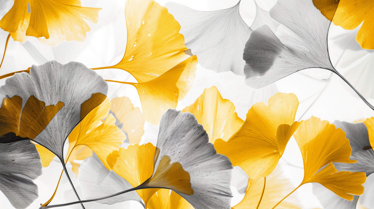 Design file showing detailed Ginkgo leaf pattern in yellow and grey tones