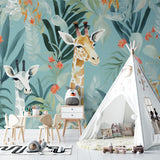 Safari wallpaper featuring gentle giraffes in a modern kids bedroom setup