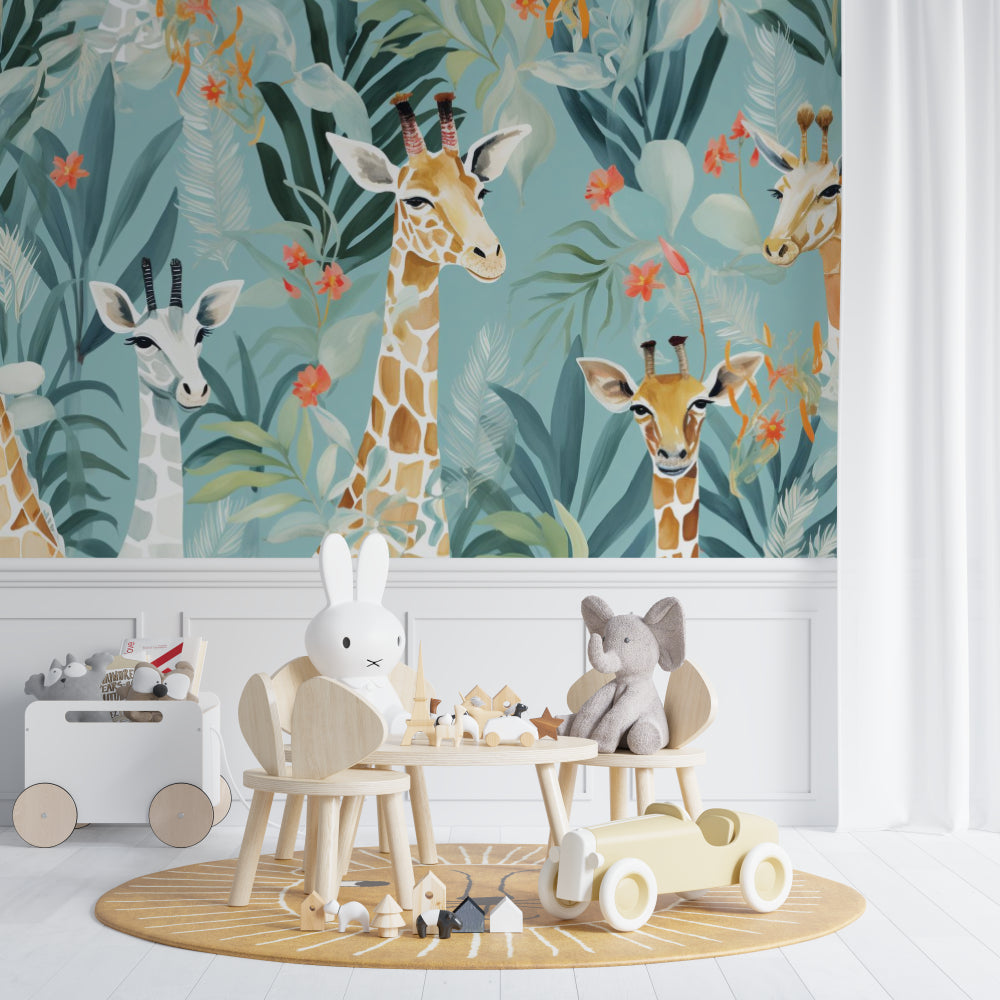 Tropical giraffe mural adding depth to a playroom with reading nook