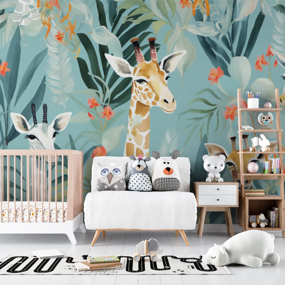 Kids room decorated with giraffe wallpaper showing full wall application