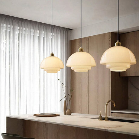 Glass Dome Pendant Light  Tiered Ivory Shade with Brass Accent - Product showcase