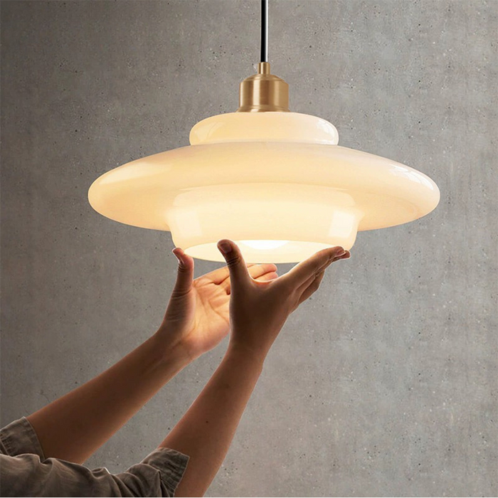 Glass Dome Pendant Light  Tiered Ivory Shade with Brass Accent - Product example