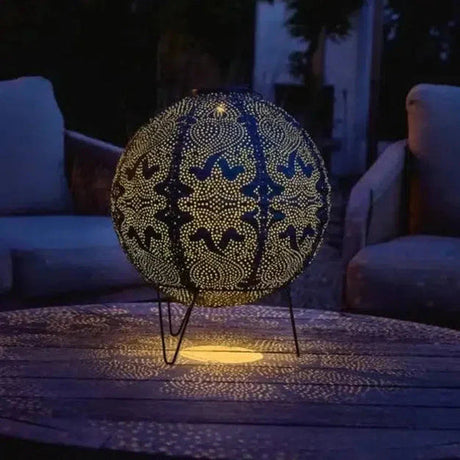 Moroccan Solar Globe Light  Intricate Metal Pattern Design - Product showcase