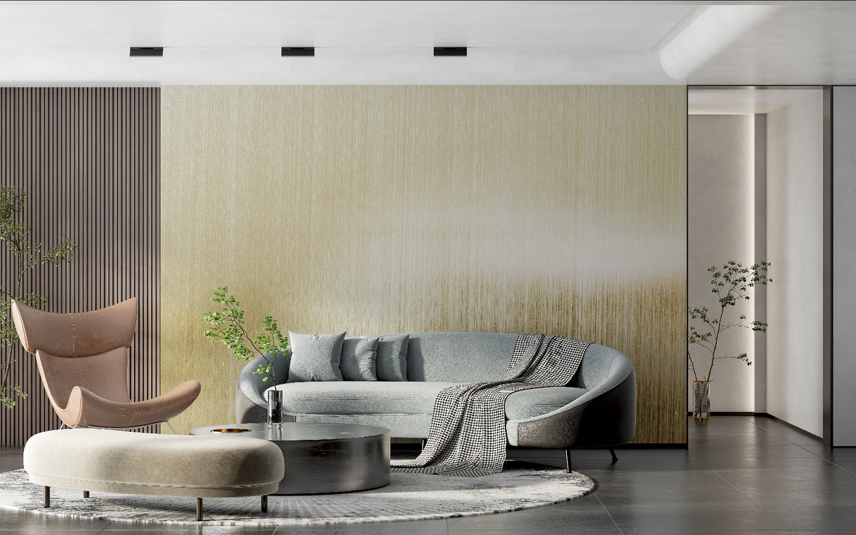 Metallic gold wallpaper in dining room showing warm reflective qualities