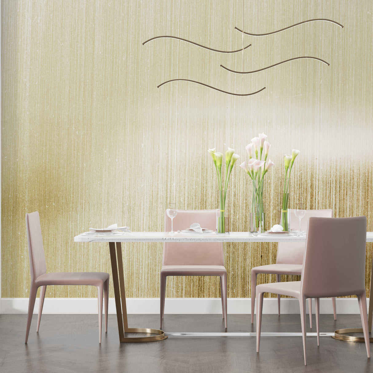 Luxury gold wall mural in entrance hall showcasing vertical brush strokes
