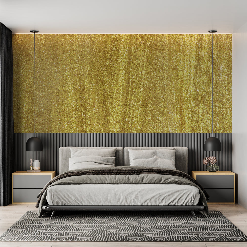 Elegant gold wall mural adding sophistication to a master bedroom