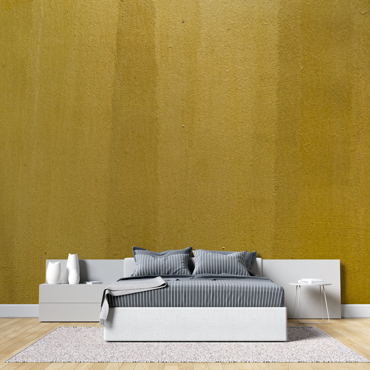 Modern gold textured wallpaper in dining room with chandelier