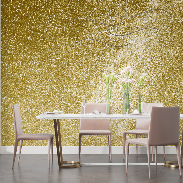 Gold sparkle wallpaper creating a luxurious atmosphere in a modern living room with natural light