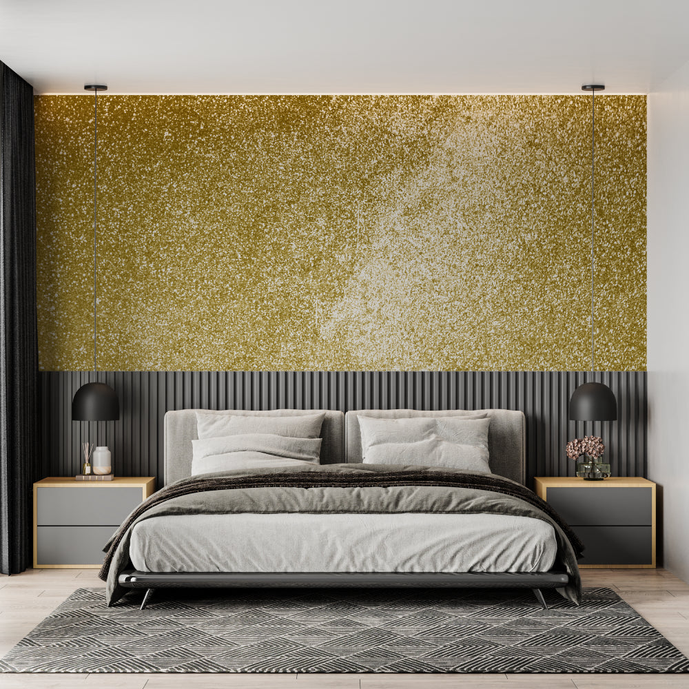 Gold glitter wallpaper transforming a hallway with subtle wave patterns