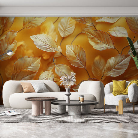 Golden leaves wallpaper adding warmth to a modern living room, metallic accents catching afternoon light