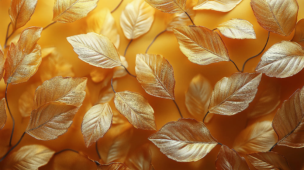 Golden leaves wallpaper design file showing detailed botanical pattern with metallic highlights