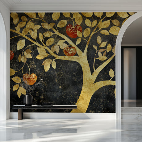 Art deco tree wallpaper in elegant dining room with golden accents