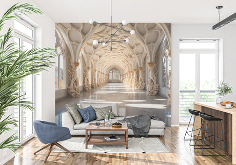 Gothic Cathedral Corridor Wallpaper in modern living room showing architectural perspective and warm beige tones