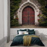 Medieval stone arch wallpaper in a bedroom setting