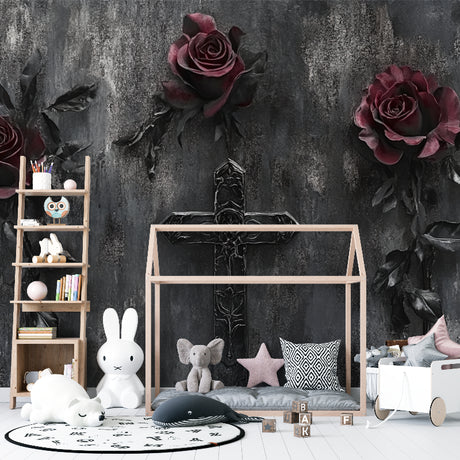Gothic rose wallpaper with metal cross design styled in modern dark bedroom, creating dramatic atmosphere