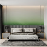 Green gradient wallpaper creating a serene atmosphere in a modern living room with minimal furniture
