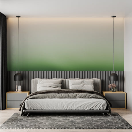 Green gradient wallpaper creating a serene atmosphere in a modern living room with minimal furniture
