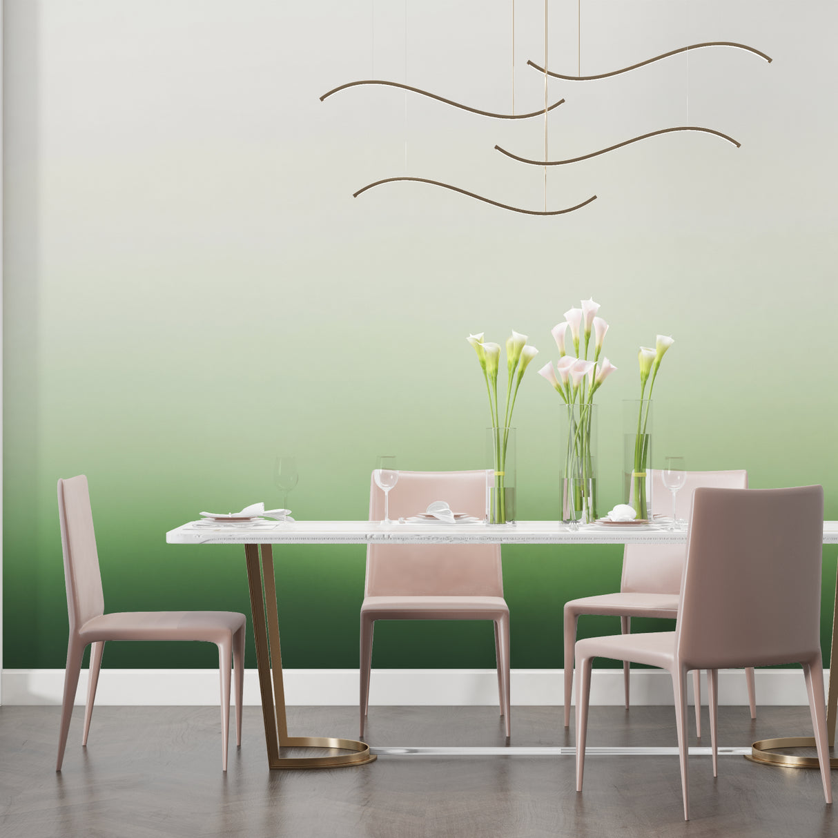 Emerald ombre wall mural adding depth to a bright home office space