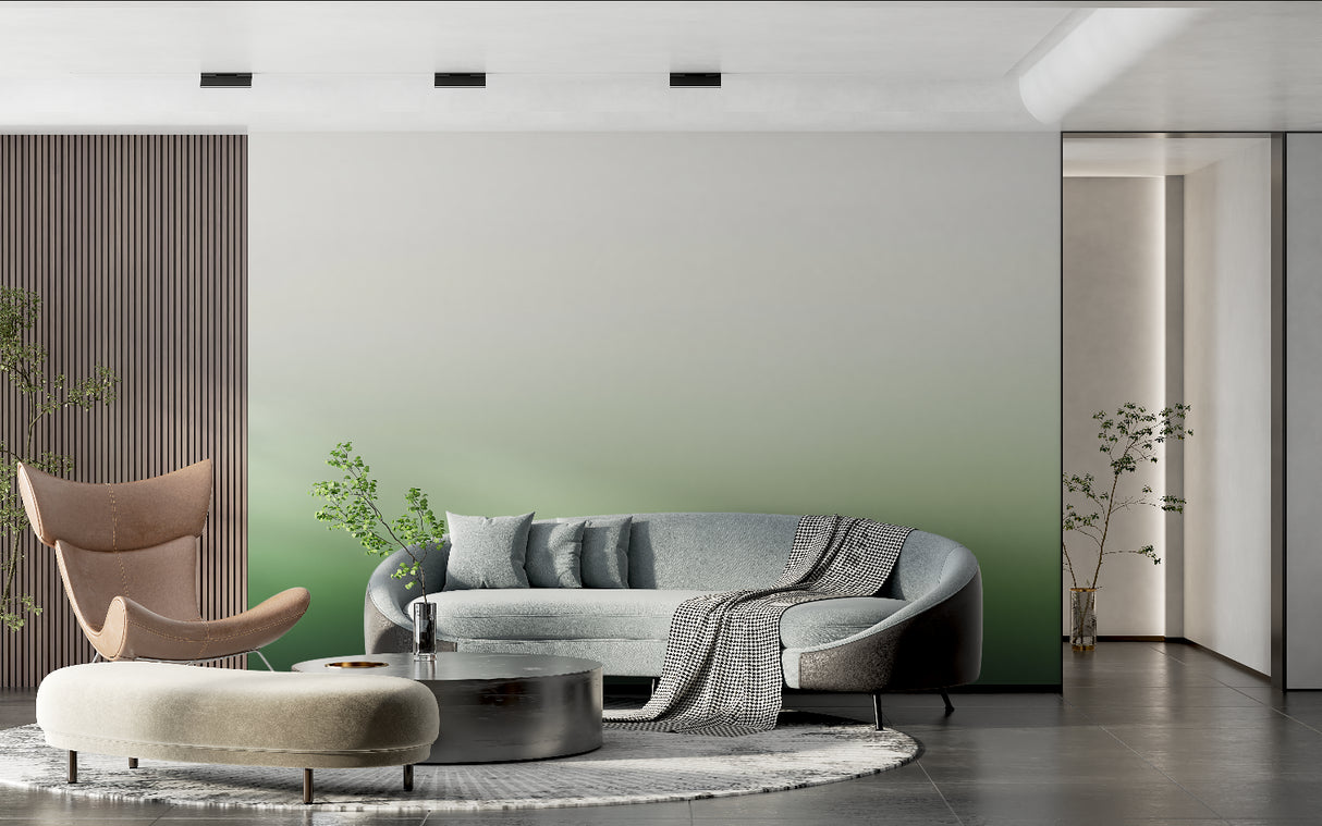 Green ombre wallpaper installation showing scale in dining room