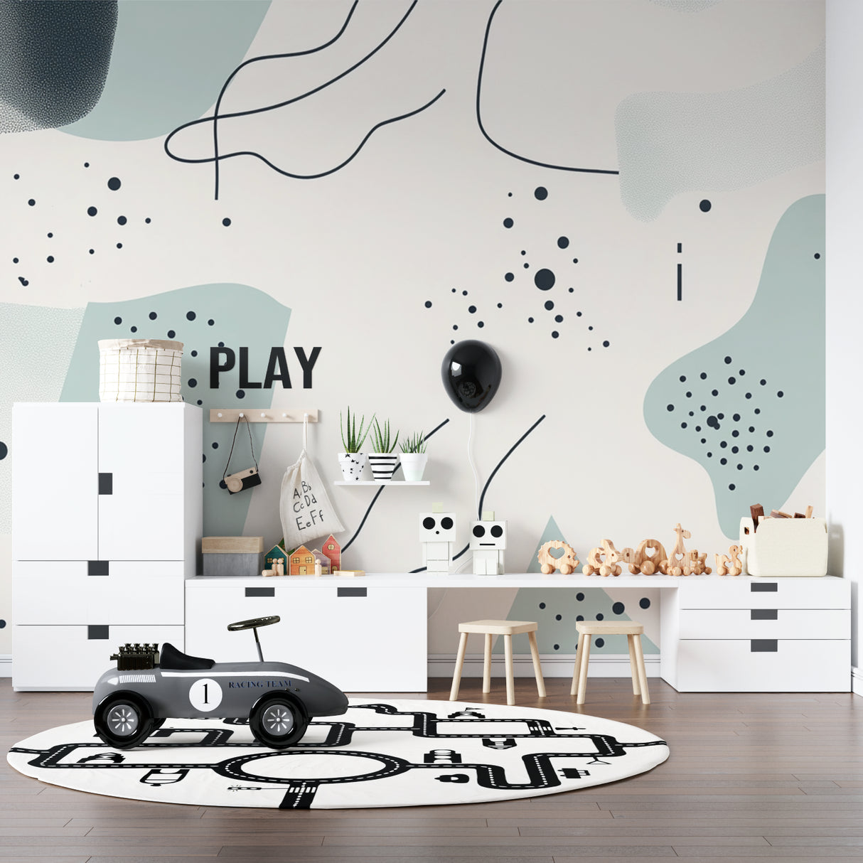 Graffiti wallpaper in modern living room showing vibrant street art design with turquoise and pink tones