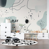 Graffiti wallpaper in modern living room showing vibrant street art design with turquoise and pink tones